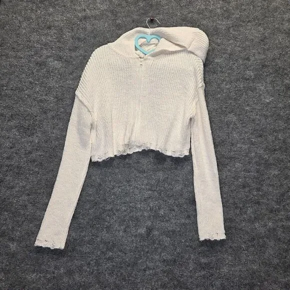 Moon & Madison Sweater Womens Large White Cropped Zip Hoodie Knit Distressed - Picture 2 of 11